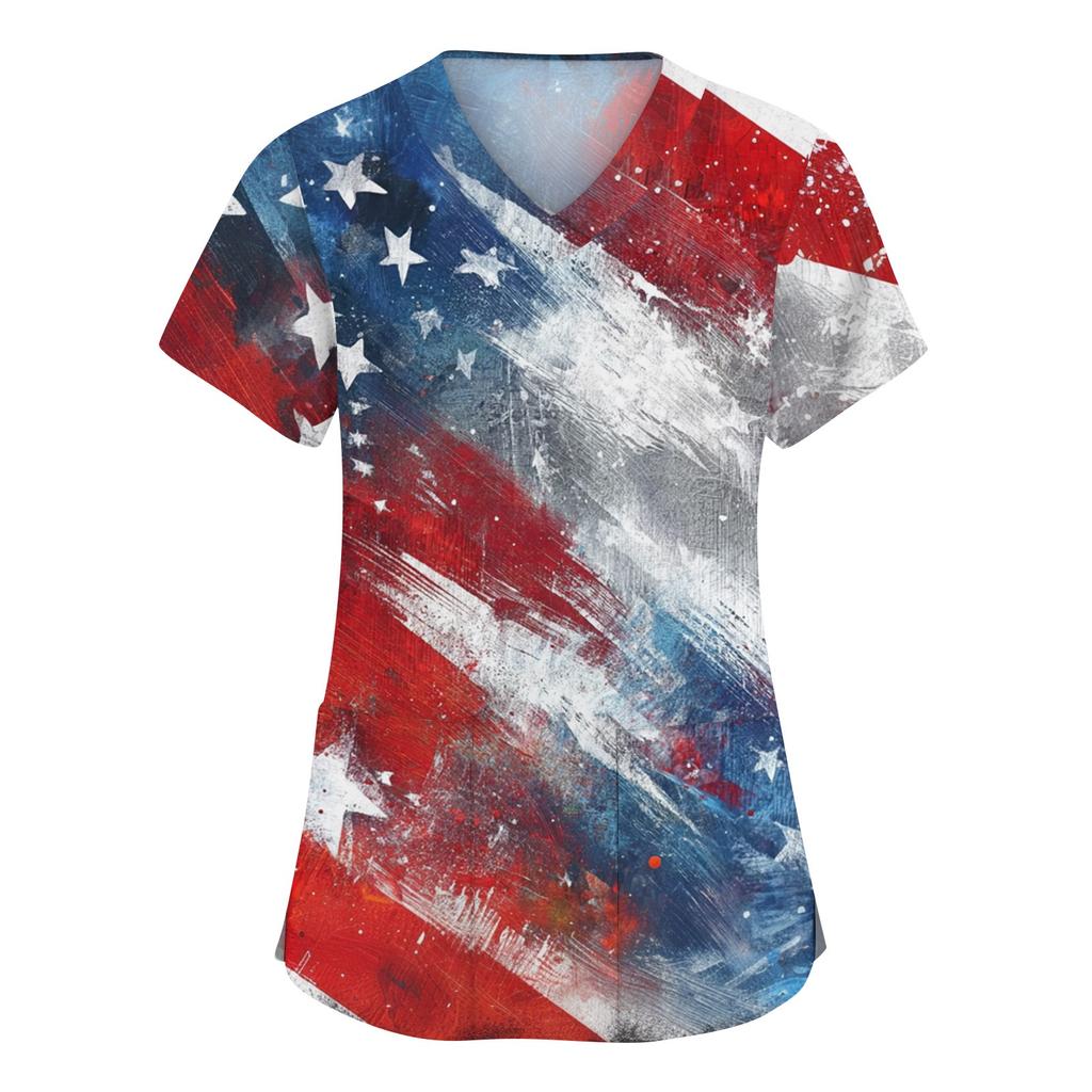 Modische Arbeitskleidung für Damen mit V-Ausschnitt, kurzen Ärmeln und bedruckten Taschen