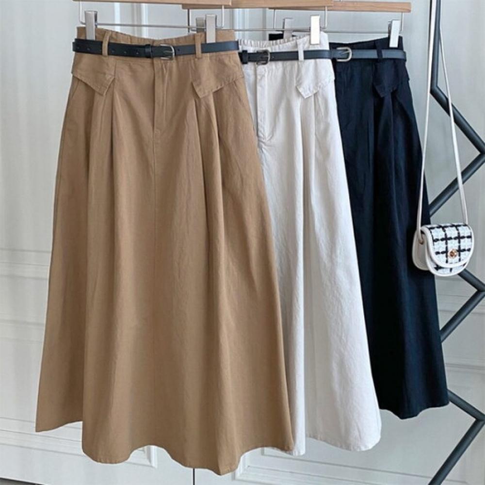 New Arrivals Open Run Women Spring Trench Banding Pleats Beige Cotton Skirt Long