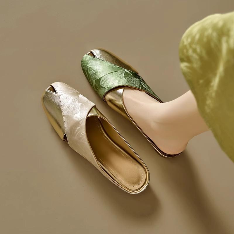 New Chinese Baotou Half-drag Female Summer Soft Leather National Style Baotou Color Matching Square Head Hollow Flat Bottom Lazy Muller Cool Slippers