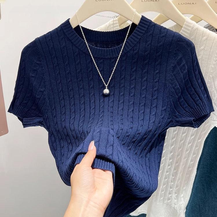 Women's Dark Blue Slim Fit Knit T-Shirt - Short Sleeve, Lightweight Summer Top.