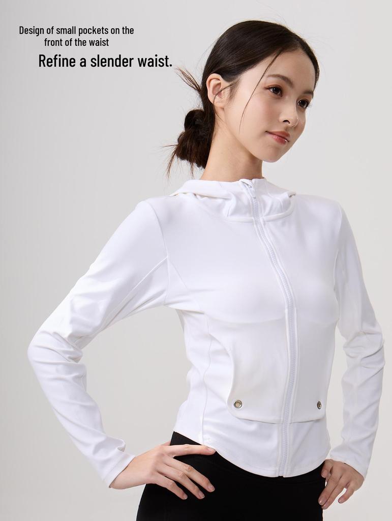 Lu Chuan Slim Fit Hooded Yoga Jacket with Waistband Pocket and Zipper.