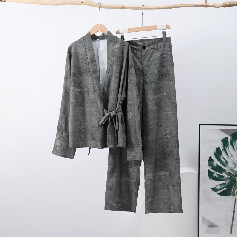 

Винтажный женский костюм рубашка-брюки свободного кроя с V-образным вырезом, шнуровкой, длинными рукавами, рубашки оверсайз, брюки с широкими штанинами, комплект из 2 предметов, весна-лето 2025 L зелёный