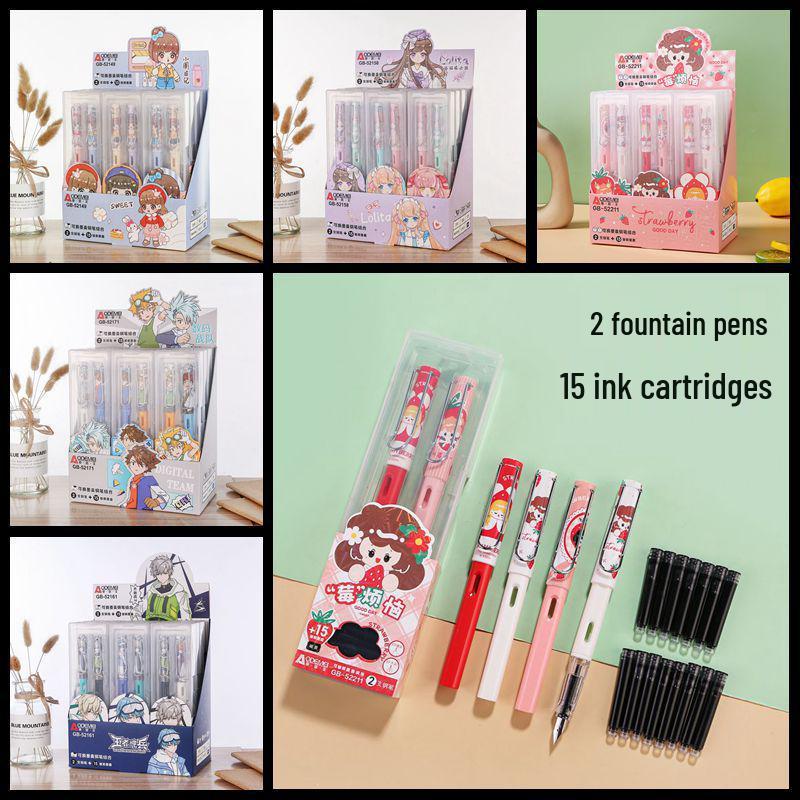 Odeme Student Pen Set: 2 Pens + 15 Refillable Ink Cartridges