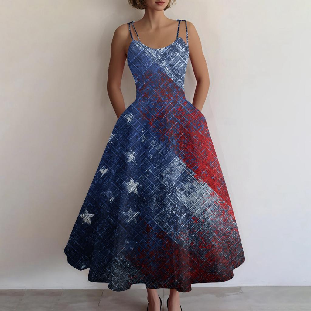 Damen Lässiges Mode Unabhängigkeitstag Druck Schulterfrei Ärmellos Kleid