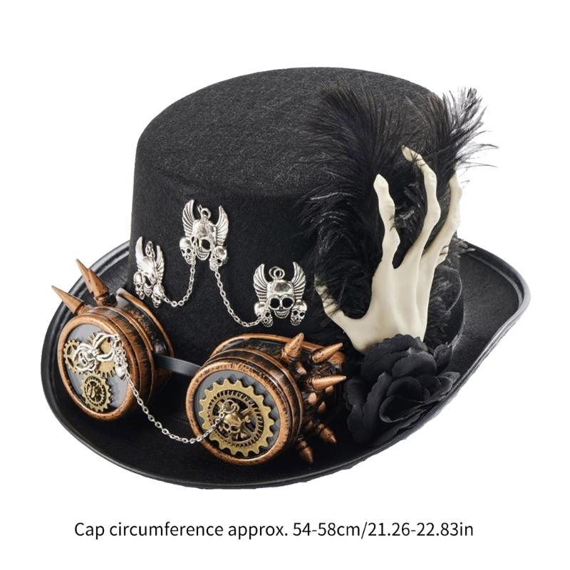 Steampunk Flat Top Hat Halloween Costume Hat Black Carnivals Top Hat with Goggles and Hand Skeleton for Women Dress Up