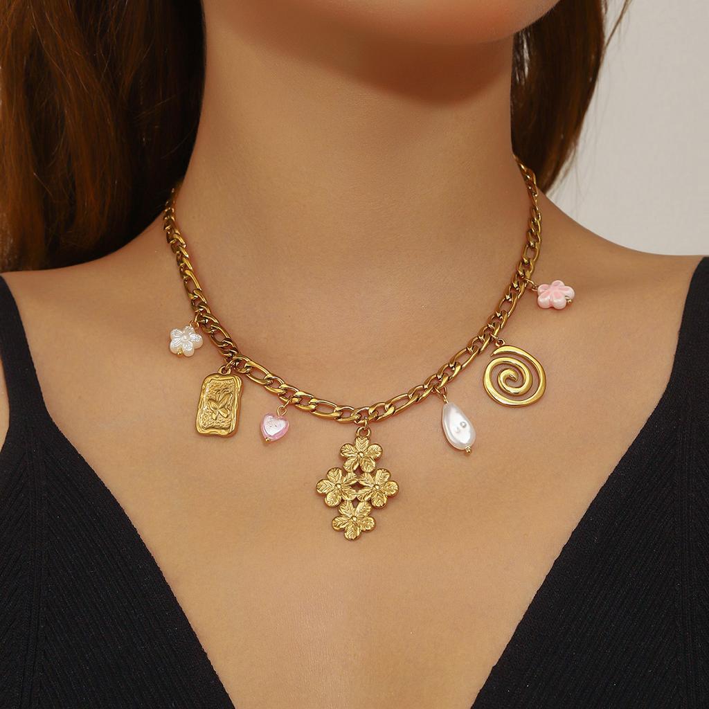 DIEYURO 316L Stainless Steel Golden Butterfly Pearl Flower Pendant Necklace Lady Novel Collarbone Chain Jewelry Holiday Gift