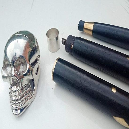 Messing Gehstock Einzigartiger Knauf Schädelkopf Gehstock Spazierstock Viktorianischer Holzstock, Schwarz und Silber
