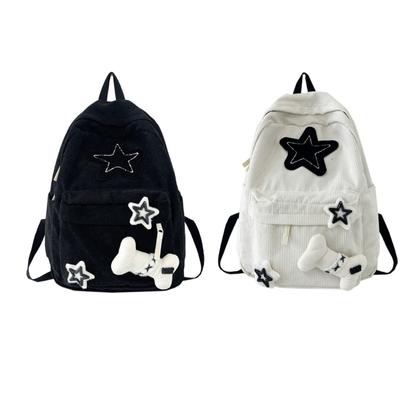 Girls Star Pattern Laptop Backpack Teen Student Large Capacity School Bookbag Corduroy Rucksack Double Strap Shoulder Bag