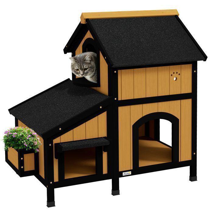 Yellow Wooden Cat House, FloraGrace 2-Story Outdoor Kennel, For Garden and Terrace, Easy to Assemble, 96x65x85.5cm
