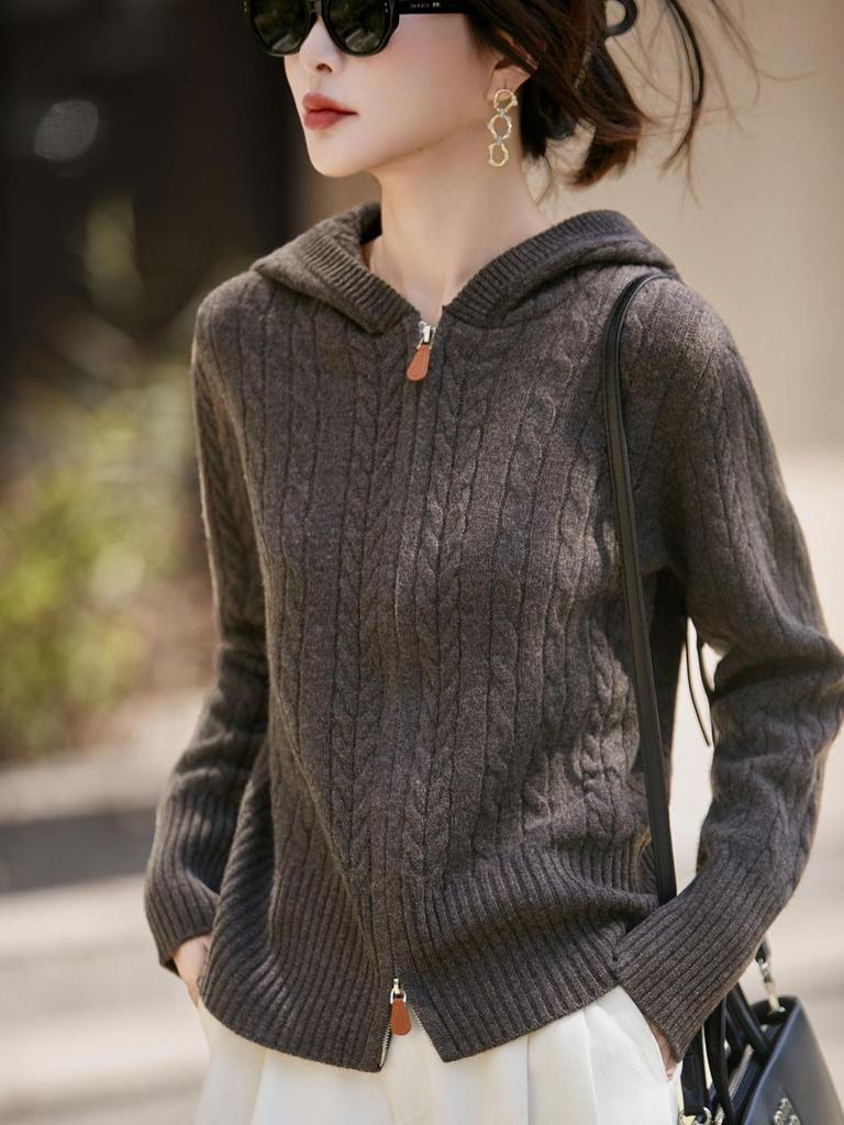 2025 Thickened Jacquard Knit Hooded Wool Cardigan: Women's Cable Knit Short Hoodie, Solid Color