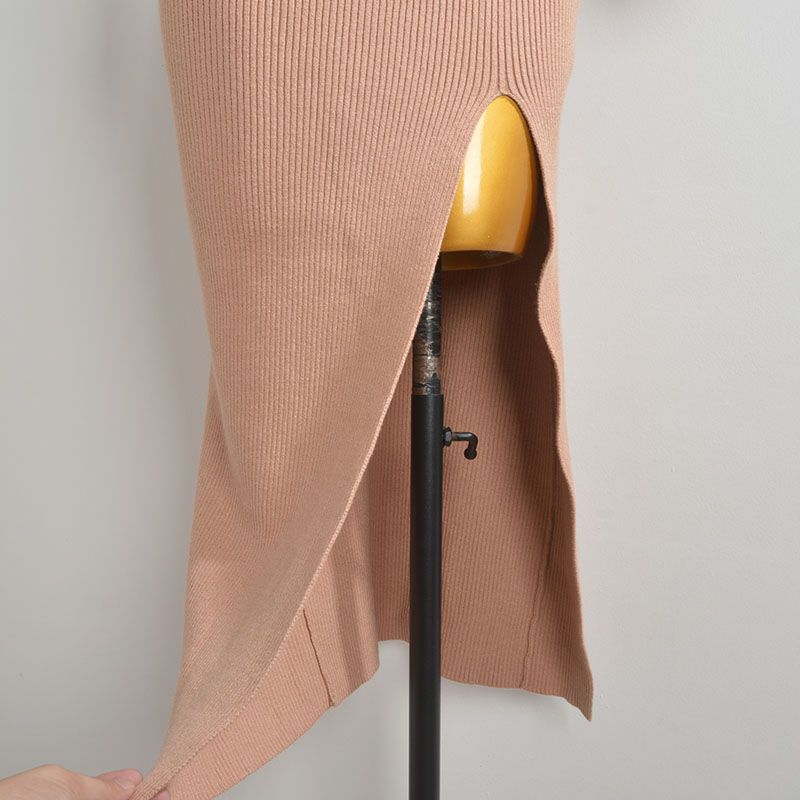 French Sexy Cut Out Long Sleeves Knitting Dress Women's Spring & Fall New Arrival Pure Color Sexy Tight Waist Slimming Slit Dress