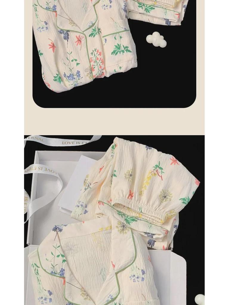 Women's French Pastoral Style Long Sleeve Pajama Set - Green Plants & Flowers Design