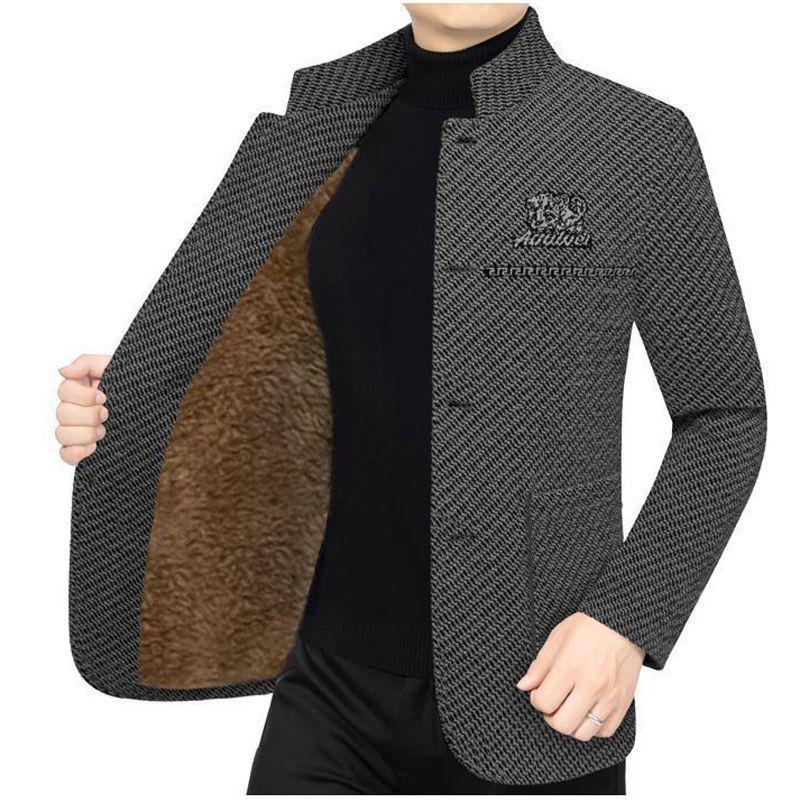 Men's Mid-aged Stand Collar Plush Woolen Jacket - Thickened, Casual, Versatile Coat