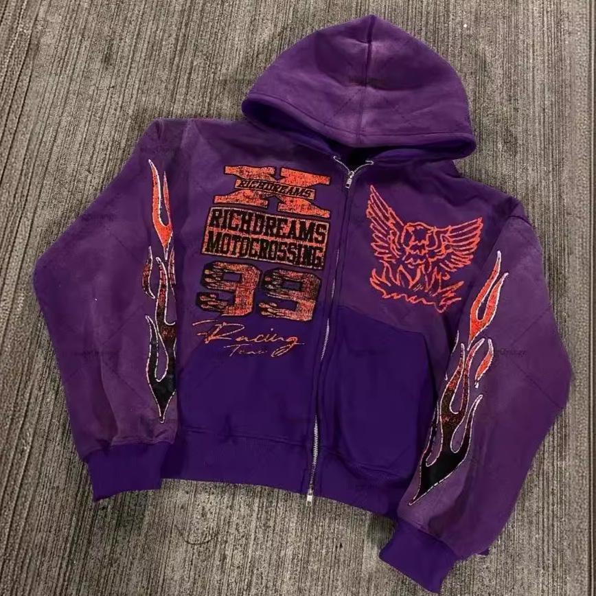 Schwarzer Street Hip Hop Star Print Reißverschluss Hoodie für Damen & Herren - Herbst/Winter Y2K Harajuku Stil Sweatshirt XL dunkelviolette