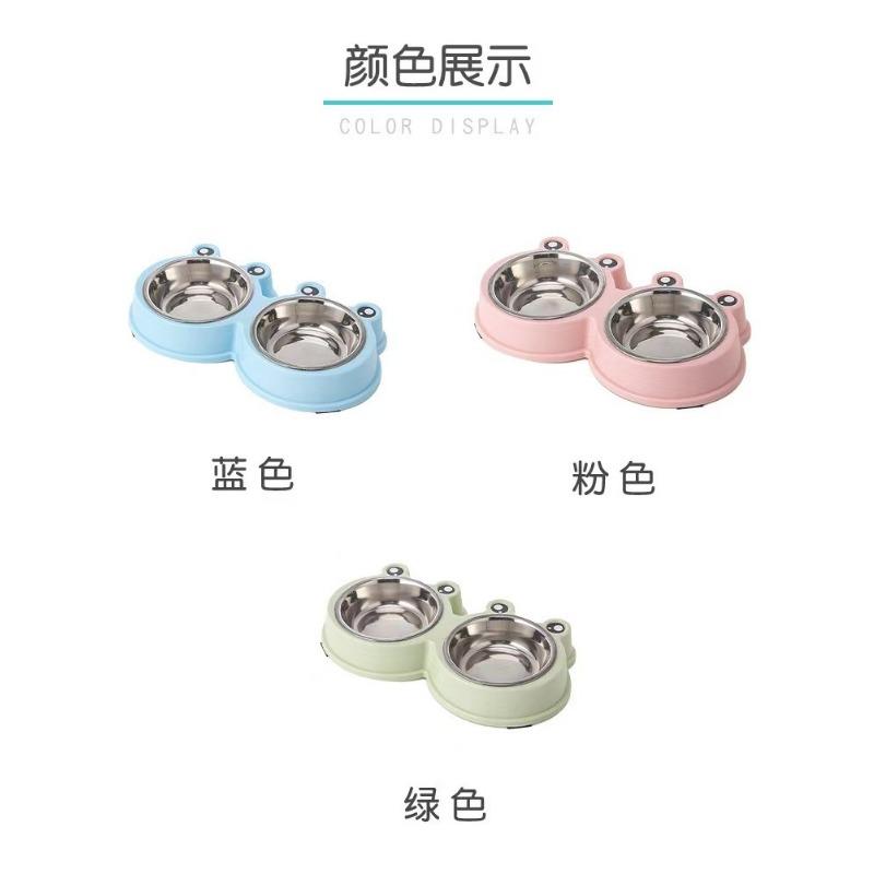 Frog Double Pet Food Bowl For Cat Dog With Stainless Steel Inner Silicone