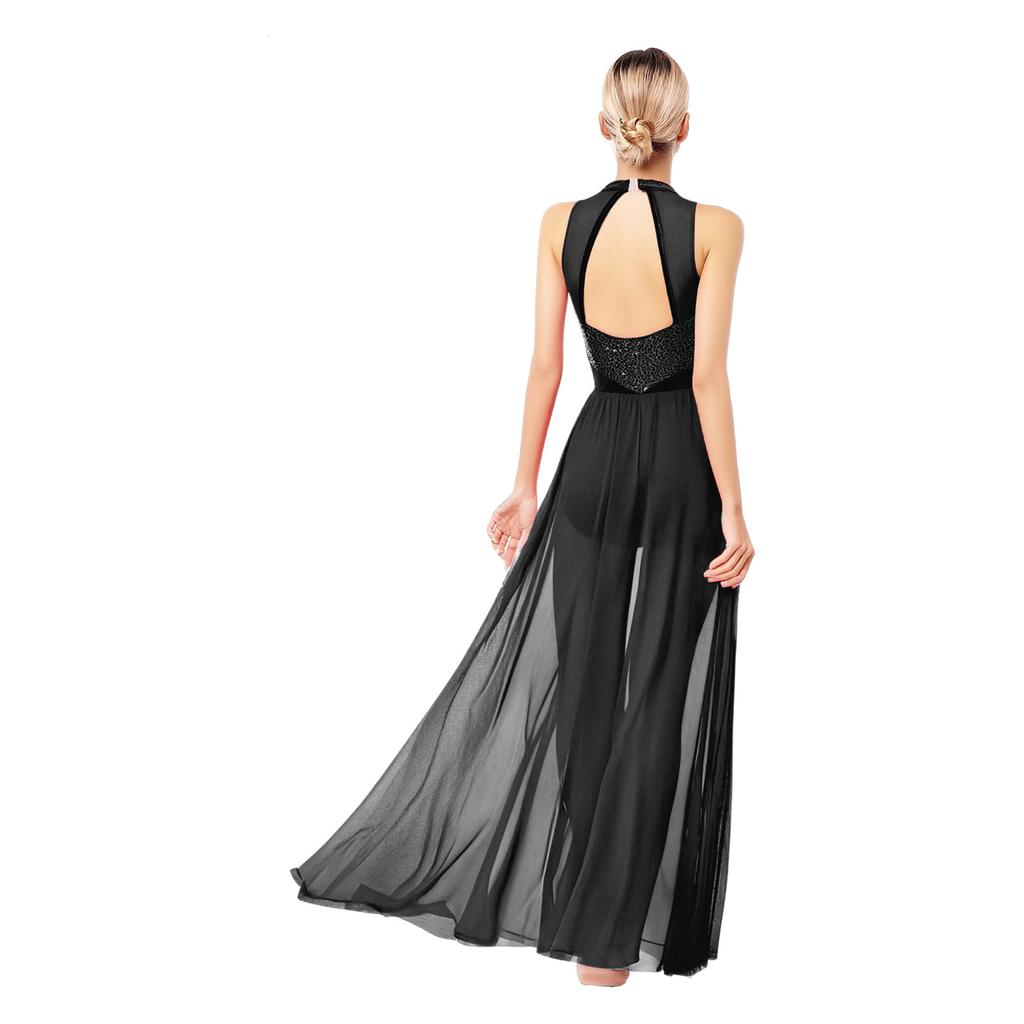 Women Lyrical Dance Leotard Dress Modern Contemporary Costume Sequins Halter Sleeveless Long Flowy Maxi Dress