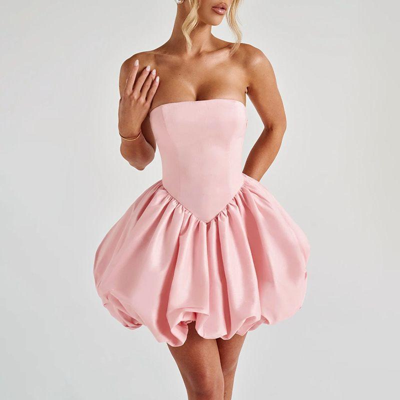 

Bow Tie Dress New Arrival Bows Tube Top Lantern Dress European and American Dinner Sexy Lace-up Split Dress Pink XS