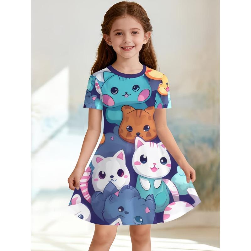 Cute Cat Girls' Princess Dress Summer Casual Dress for Girls Cartoon Graphic Outfit O-Neck Birthday Gifts Children Clothes