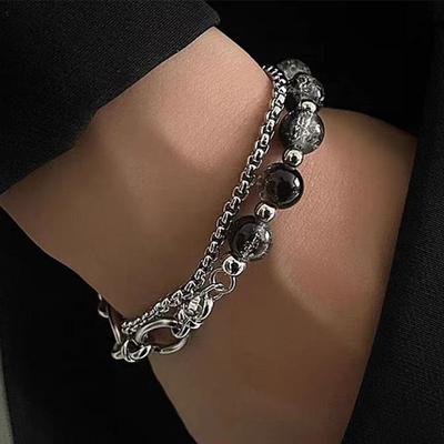 Stainless Steel Lce Cracking Bead Splicing Bracelets For Men Women Fashion Silver Color Double Layer Link Chain Bracelet Jewelry