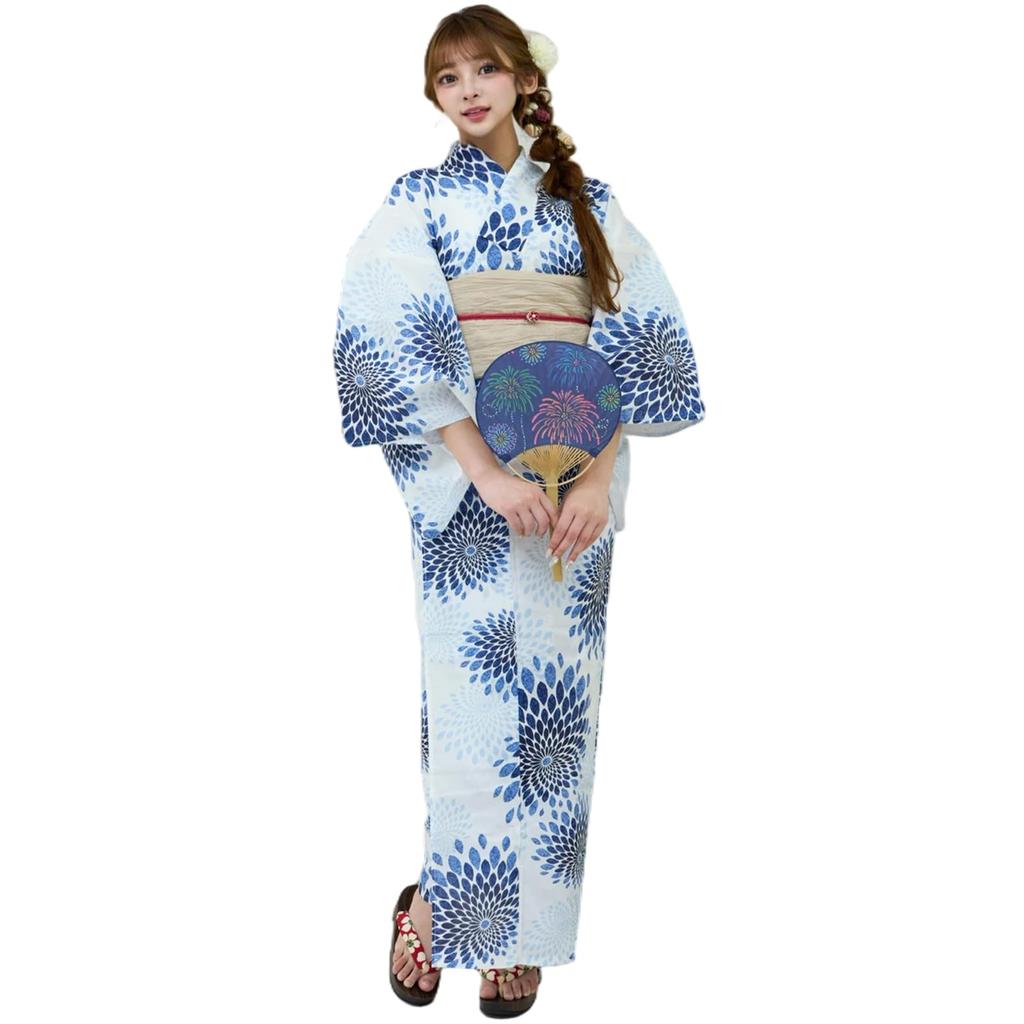 RAVIR Yukata-sett med store blå krysantemum på en hvit fluffy obi og geta-sandaler Størrelse passer dame 3-delt Bakgrunn, Belte, (En Alle)