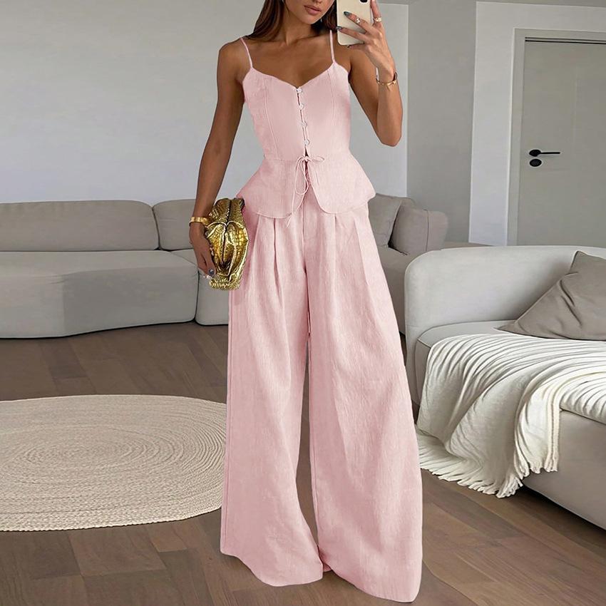 1116 spring and summer new fashion suspender vest high waist wide leg trousers two-piece set design temperament commuter French