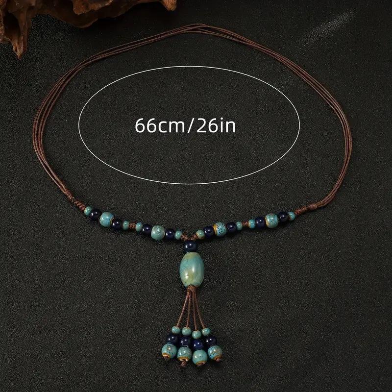 Unique Vintage Longline Necklace, Adjustable Folk Style Jewelry with Handwoven Ceramic Pendant for Women Versatile Accessory