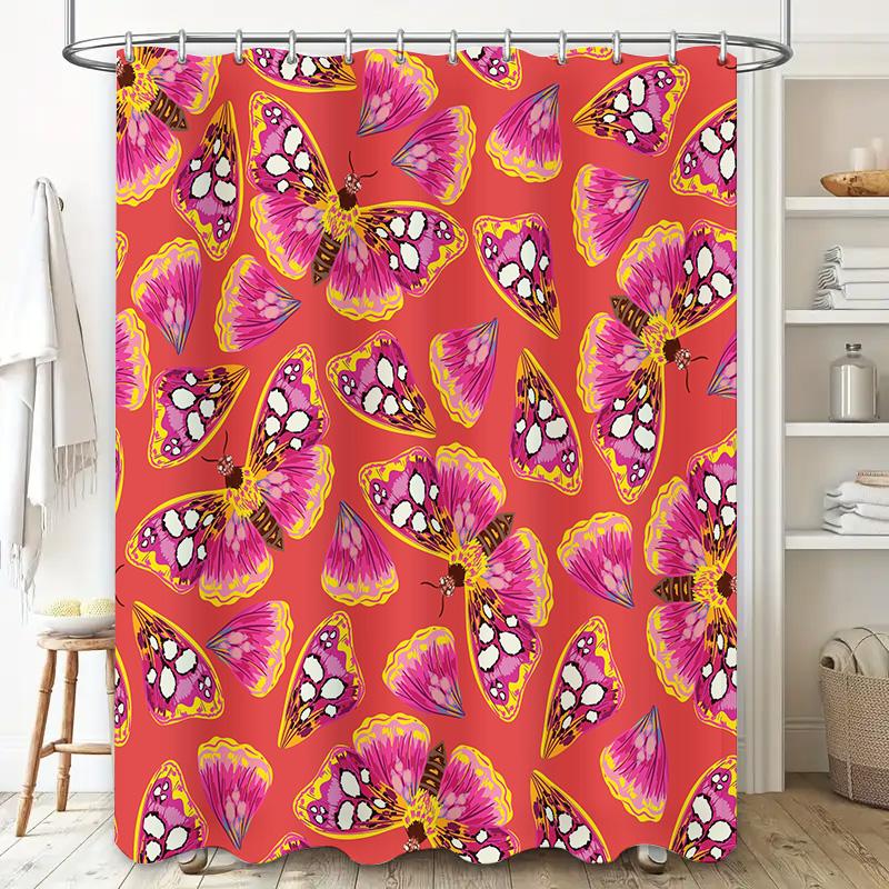 Vibrant Butterfly Print Shower Curtain Pink Yellow Colorful Floral Pattern Bath Decor for Home Use.