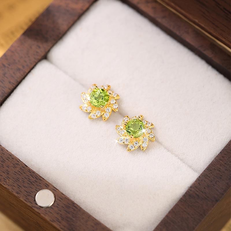 Natural stone small fresh sunflower earrings s925 sterling silver gold-plated stud earrings women's exquisite design sense fashion retro jewelry gifts
