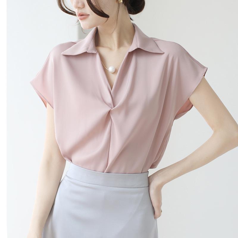 Camicia da donna estiva 2025 in stile francese a maniche corte con design a catena di perle ritorte