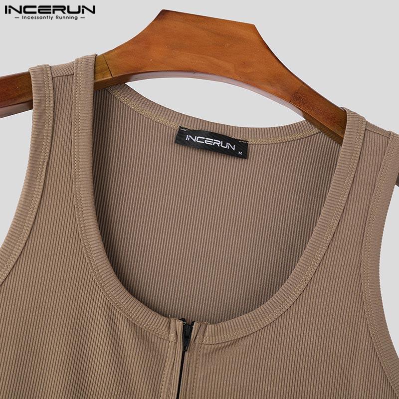 INCERUN Men Summer U Neck Sleeveless Zipper Rib Skinny Tank Tops