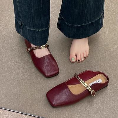 Baotou Half Slippers Women's Spring Wear Square Head Flat Bottom One Pedal Mary Jane Single Shoes