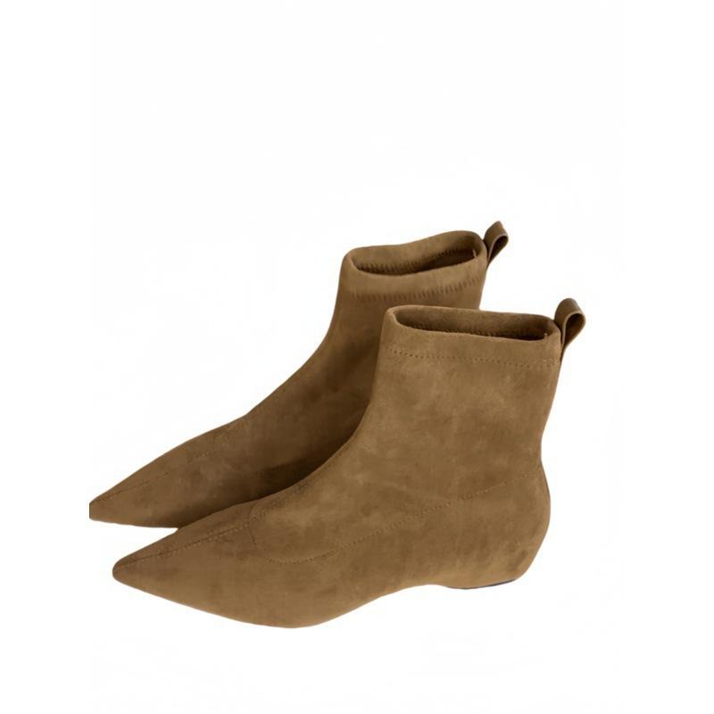 Europe, America 2025 autumn and winter new simple matte suede flat socks boots flat heel thin boots temperament pointed short boots women