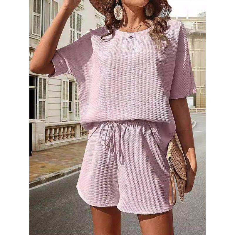 round Neck T-shirt Loose Shorts Set Pure Color Crew Neck T-shirt Loose Shorts Suit