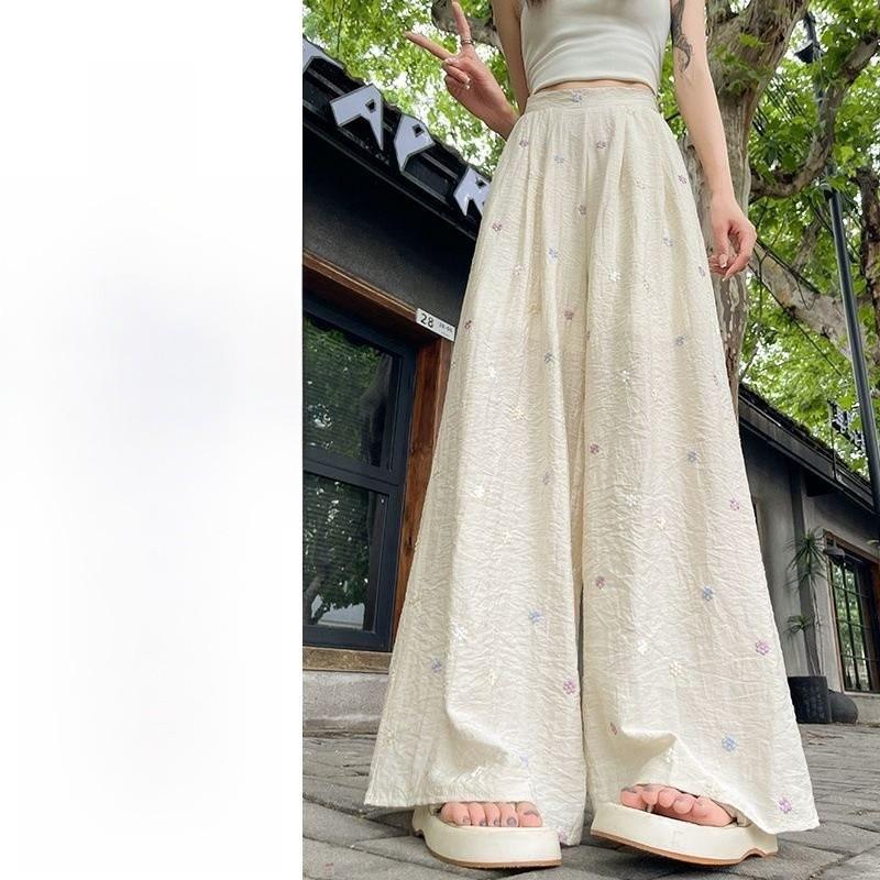 Womens Linen Wide Leg Pants With Embroidery For Summer Casual Wear