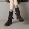Krazing Pot Cow Suede Nubuck Winter Round Toe Modern Boots Med Heels Slip on Pleated Style Metal Buckle Mid-calf Boots