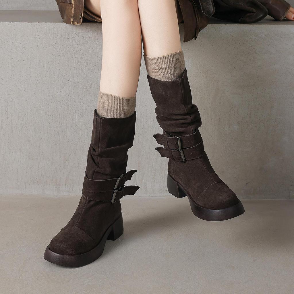 Krazing Pot Cow Suede Nubuck Winter Round Toe Modern Boots Med Heels Slip on Pleated Style Metal Buckle Mid-calf Boots