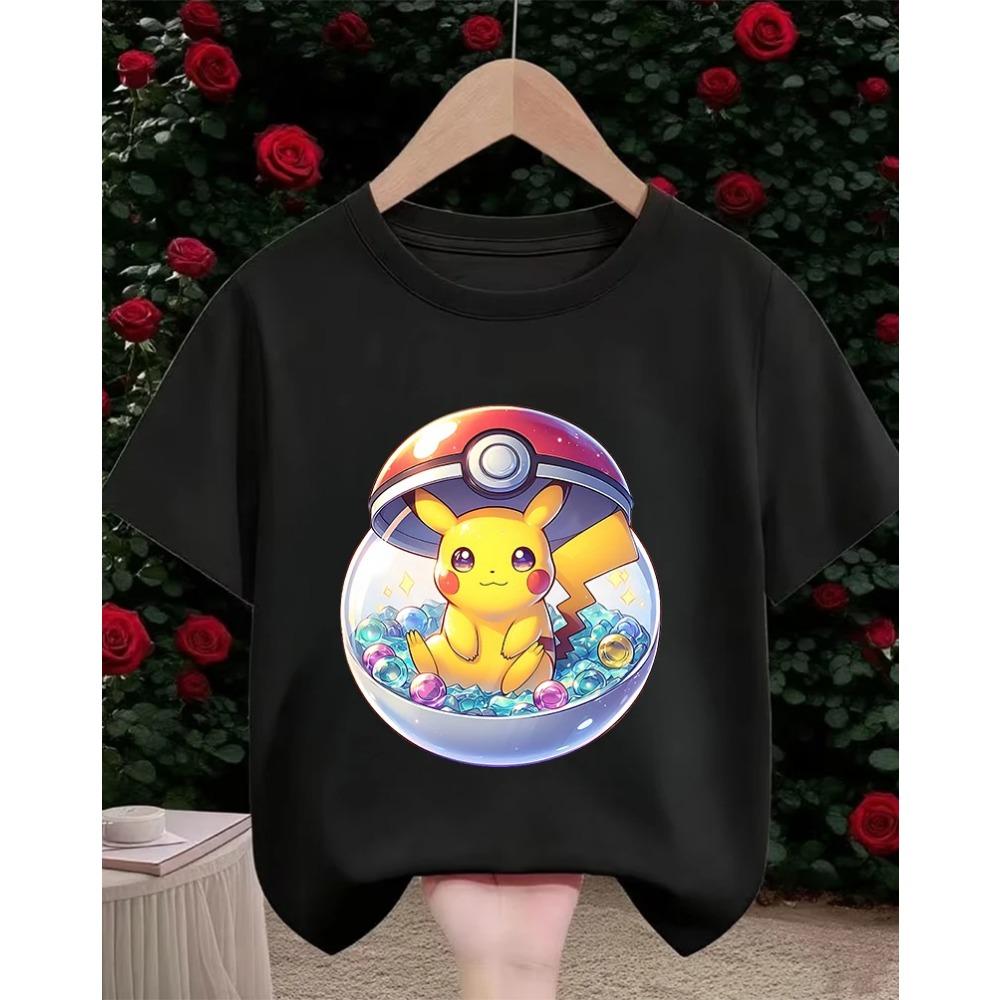 Crew Neck Cute Pikachu T Shirt 3-14Y Boys Girls Summer Kawaii Fashion Street Hot Cartoon Casual Children