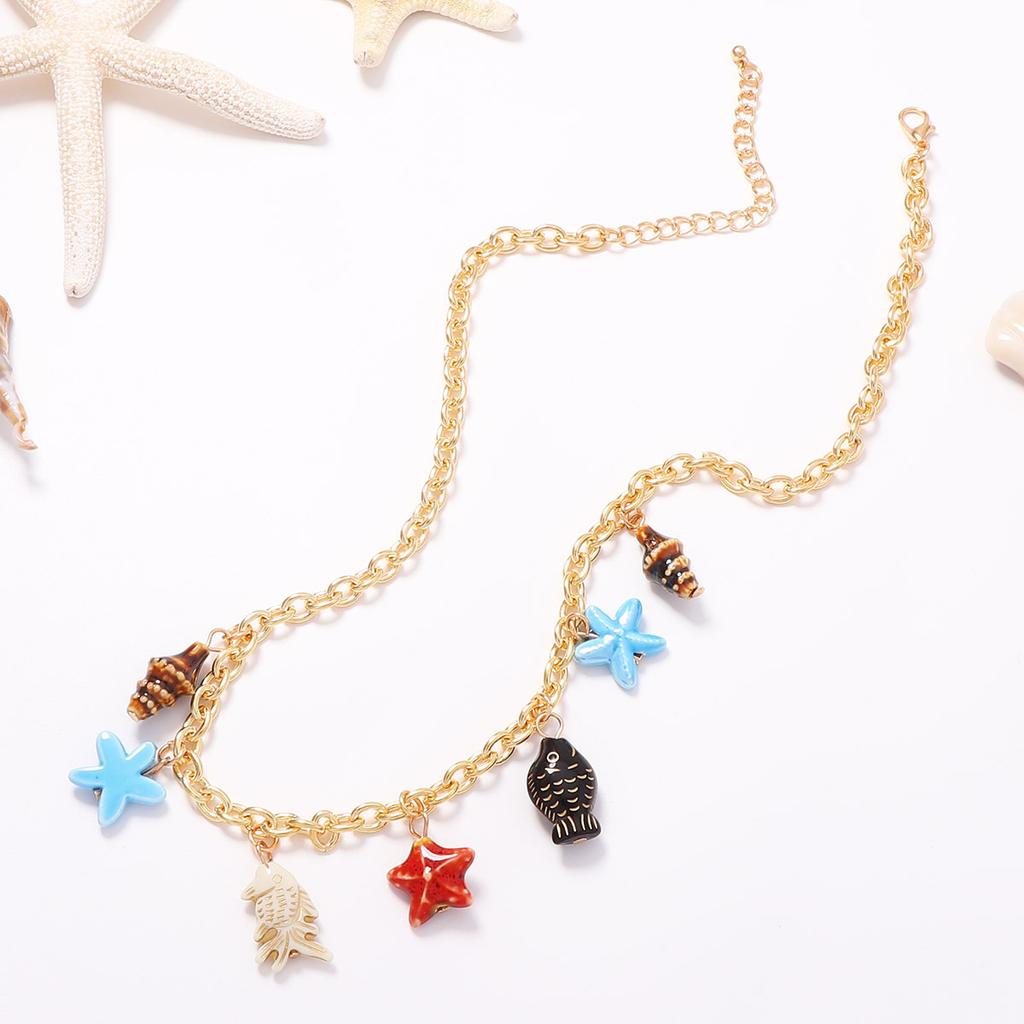 Summer Ocean Wind Starfish Small Fish Pendant Design Gold Chain Necklace Fashion Holiday Atmosphere Women's