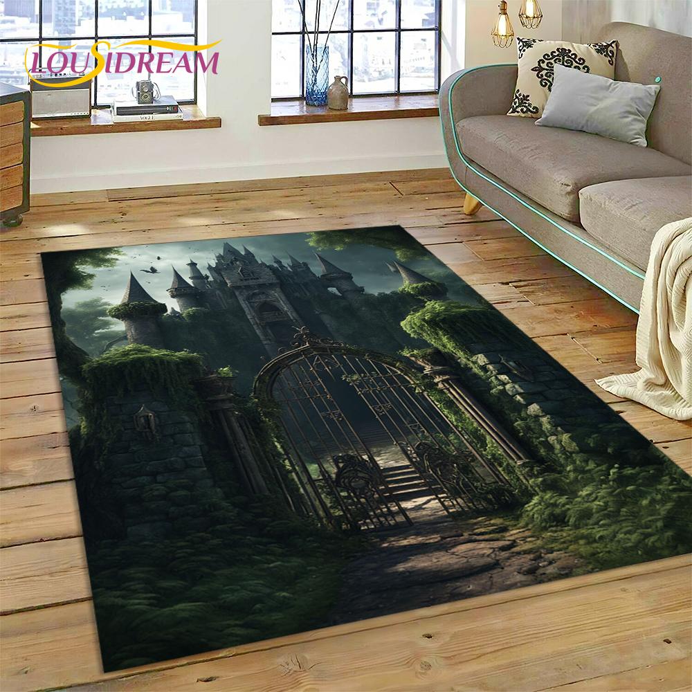 Castello da Favola da Sogno Misterioso Gotico Cartone Animato Tappeto Tappetino per Soggiorno Camera da Letto Casa Divano, Tappeto per Area Bambini Tappetino Antiscivolo