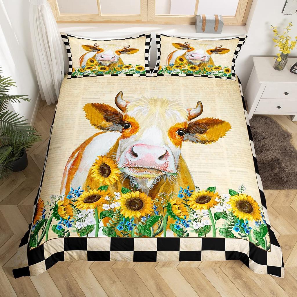 Kuh Bettbezug Set Twin King Size Bauernhoftier Bettwäsche Set Grüner Rankenblätter Druck Bettdeckenbezug Rustikale Holzbrett Steppdecke