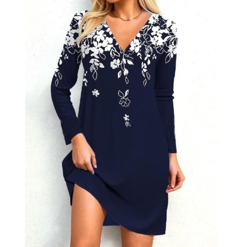 

QICED Fashion Autumn Winter Long Sleeve V-Neck Casual Dresses S тёмно-синий