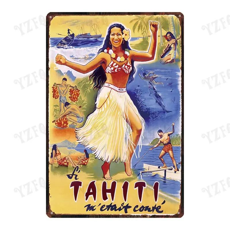 Vintage Hawaii City Painting with Hula Dancers  Metal Travel Tin Sign for Wall Decor In Pubs Cafes and Homes  Beach Metal Pla