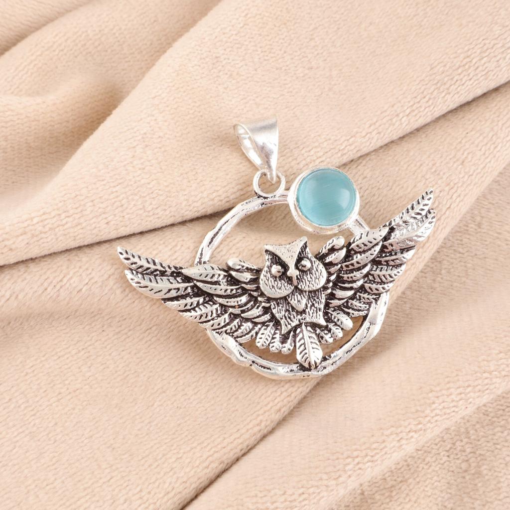 Blue Cat's Eye Gemstone 925 Sterling Silver Jewelry Handmade Owl Pendant 1.48" CP-17-40