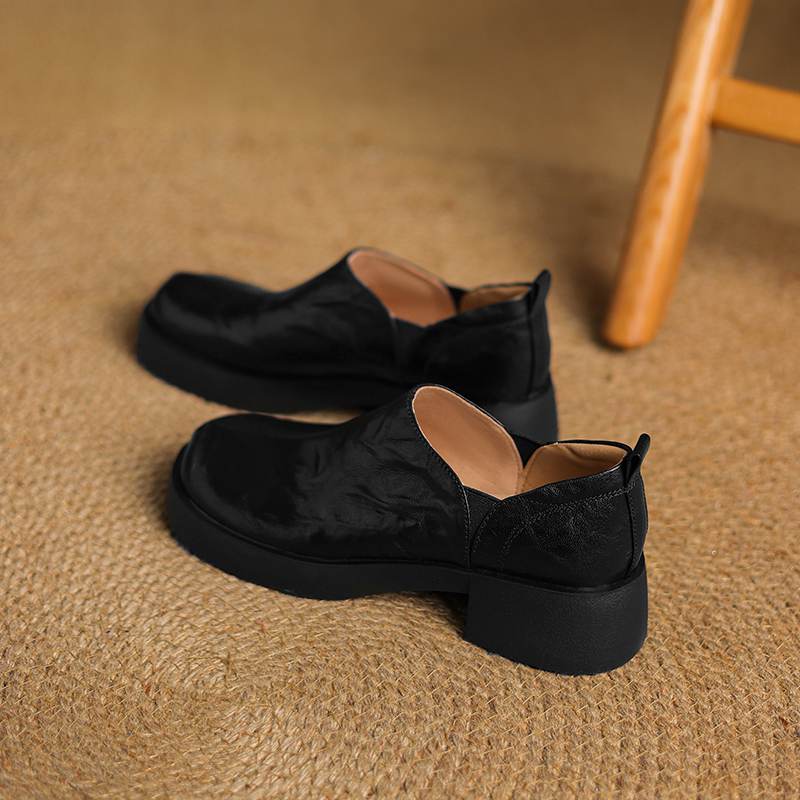 Krazing Pot Sheep Skin Autumn Winter Shoes Chunky Heels Size 43 Size 42 Round Toe Slip On Deep Mouth Pumps