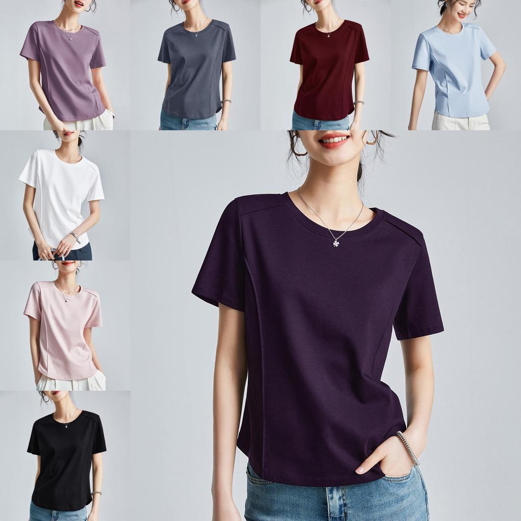 Camiseta de Manga Corta de Algodón y Seda para Mujer con Diseño de Empalme para Estilo Urbano Casual