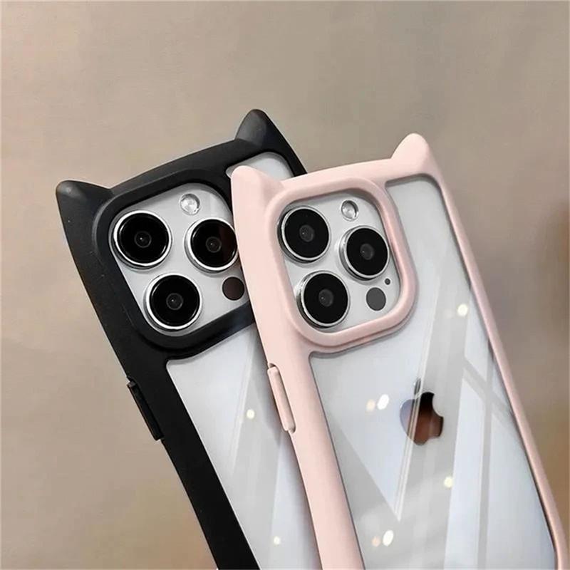 Cute Cat Ears Shockproof Transparent Phone Case For iPhone 11 12 13 14 15 Pro Max Plus Candy Color Soft Silicone Bumper Cover
