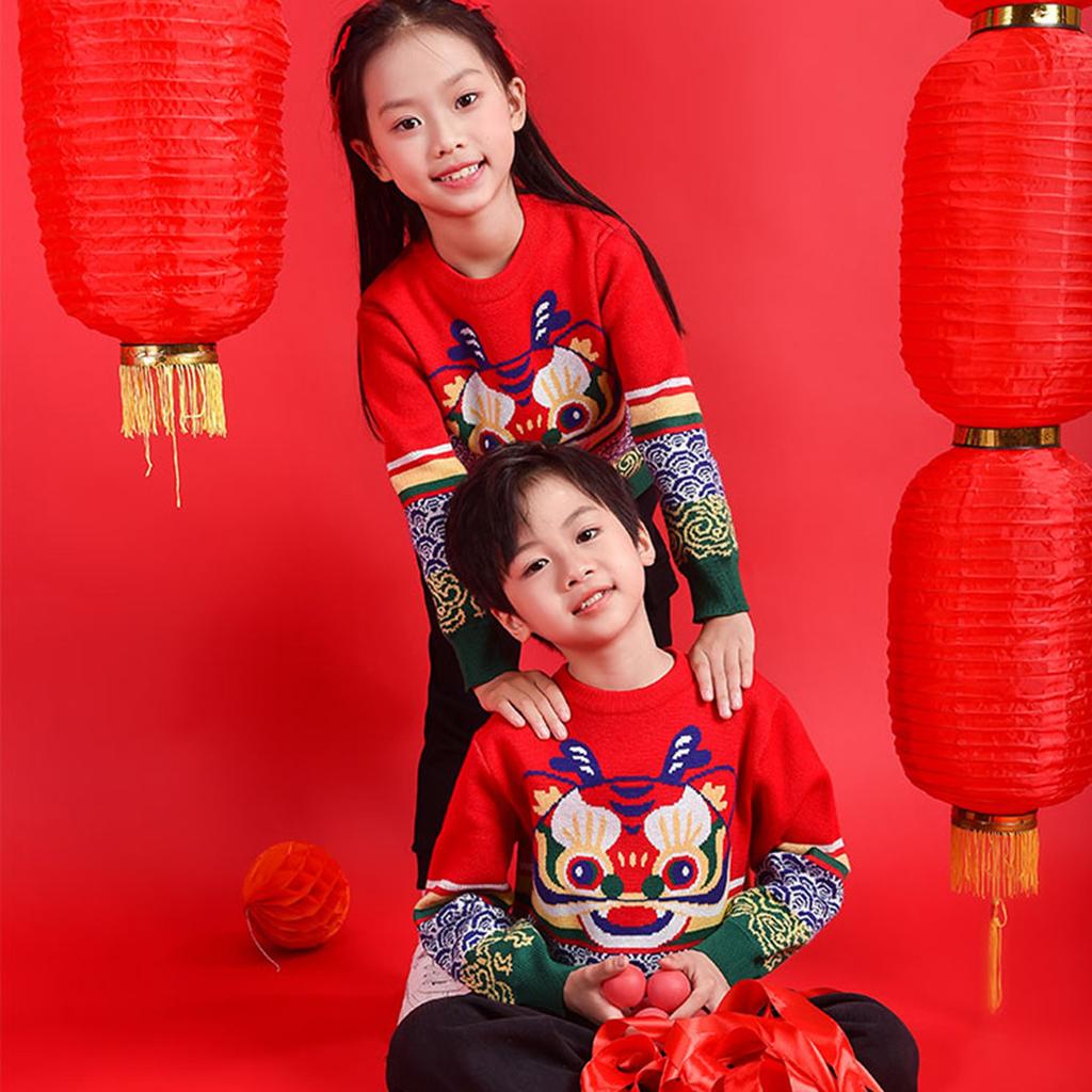 Children's Sweater Winter New Style Children's Spring Festival Celebration New Year Set Round Neck Knitted Sweater Top