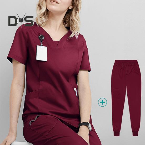 2 stk/sett Dame Sykehusuniformsett V-hals Kort ermet Lommer Topper Elastisk midje Joggebukser Sett Hurtigtørkende Sykehus Tannlege Sykepleierdrakt
