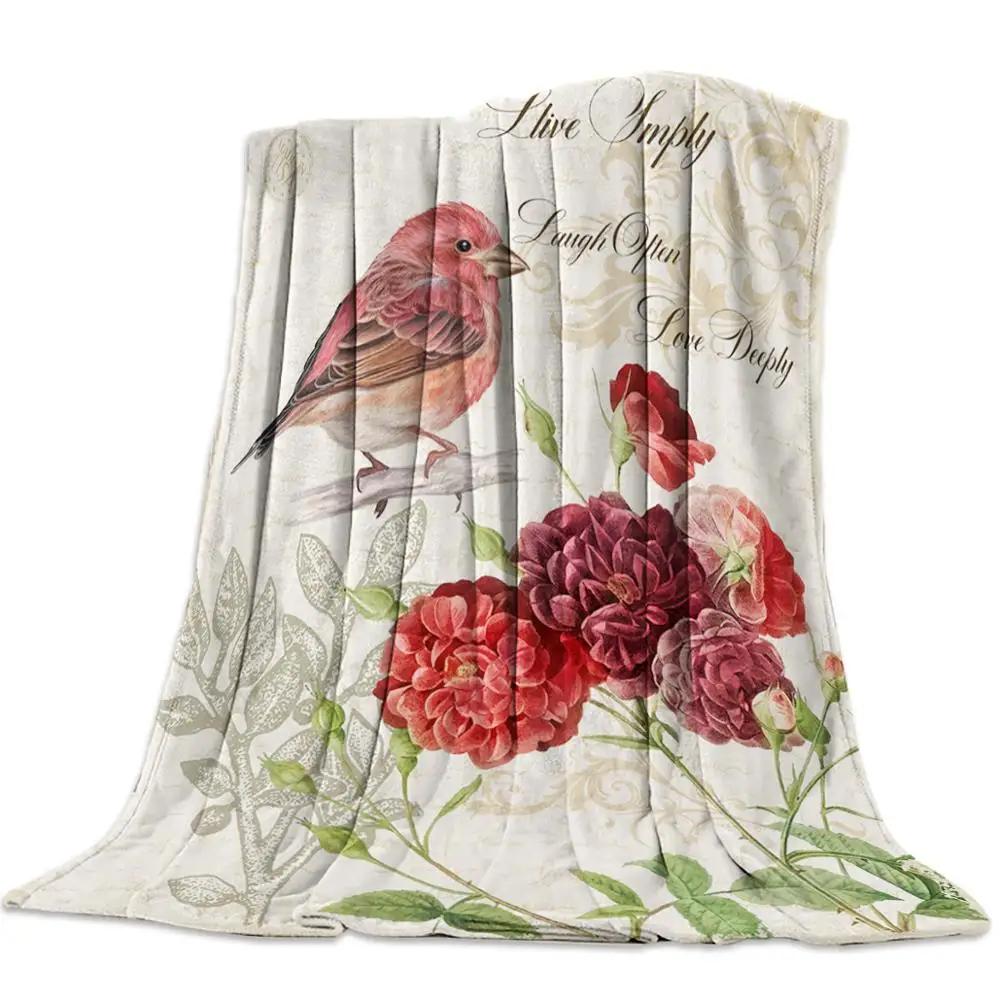 Flannel Blanket for Bed Garden Vintage Flower Bird Butterfly Throw Blanket Portable Soft Blanket Warm Sofa Bed Sheets King Size