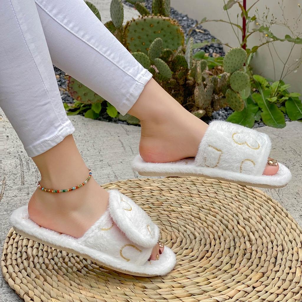 Fashion Slippers for Women Flip Flops Casual Flat Heels Shoes for Women Heart Shaped Fur Short Plush Women Slippers Plus Size